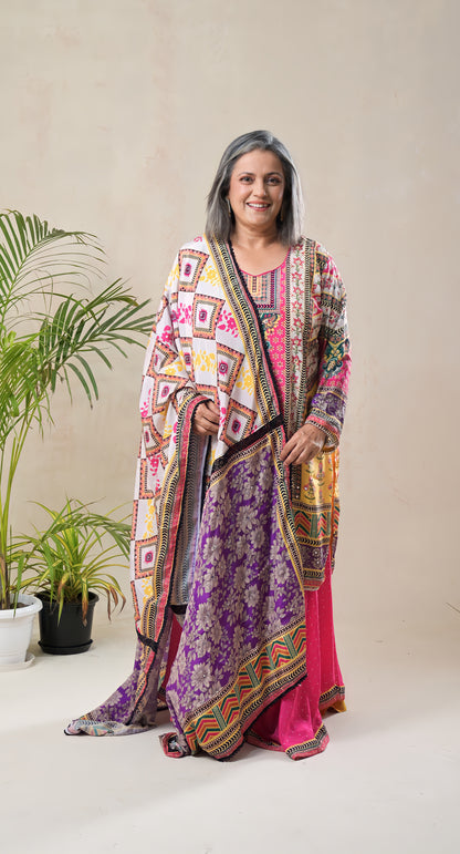 Multicolor, Abstract Digital Print, Mirror, Lace & Pearl Work, Crepe & Georgette Sharara