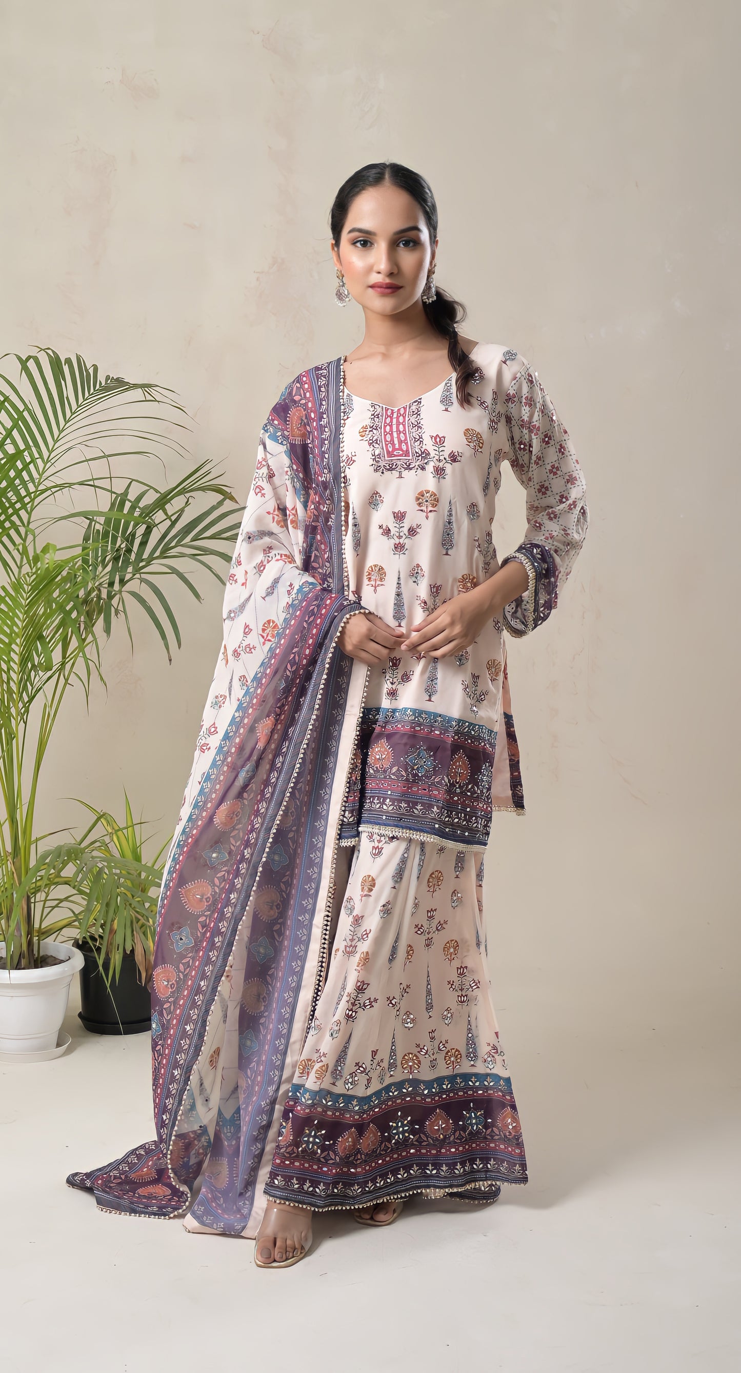 off white, digital print with mughal motifs, highlight embroidery & pearl beads lace, crepe, sharara