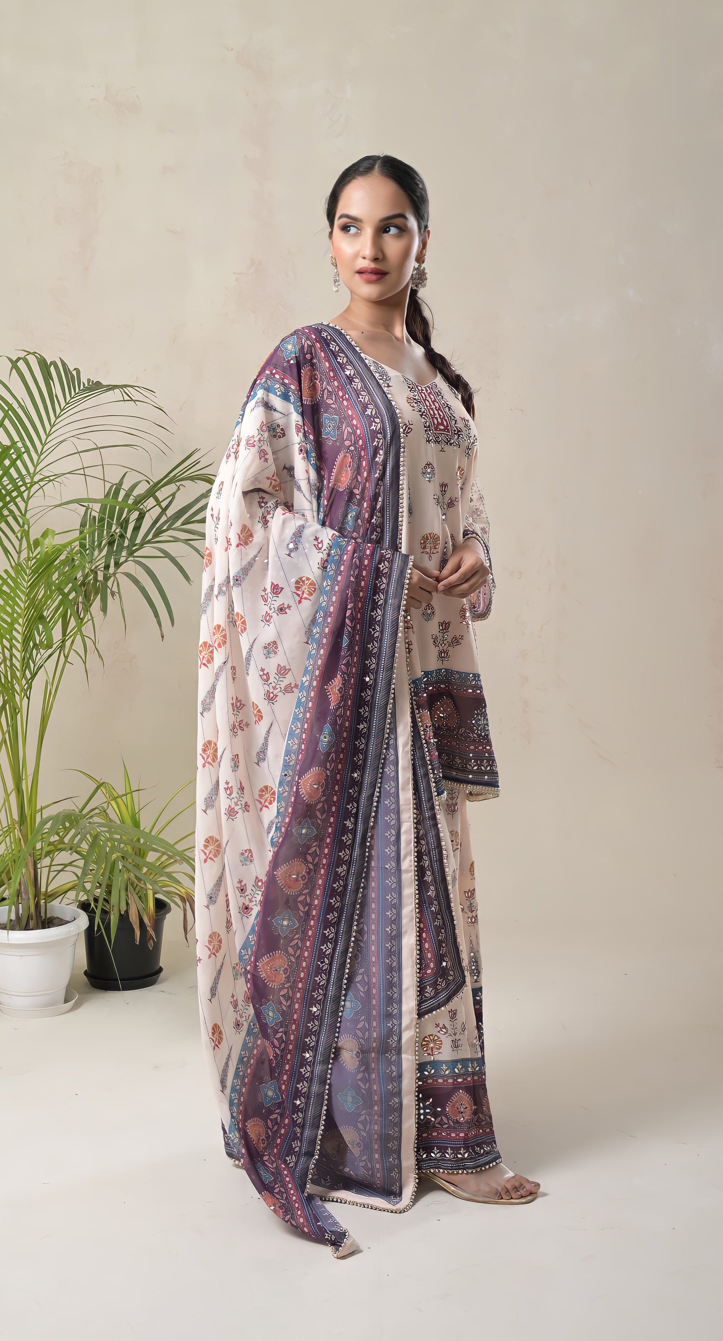 off white, digital print with mughal motifs, highlight embroidery & pearl beads lace, crepe, sharara