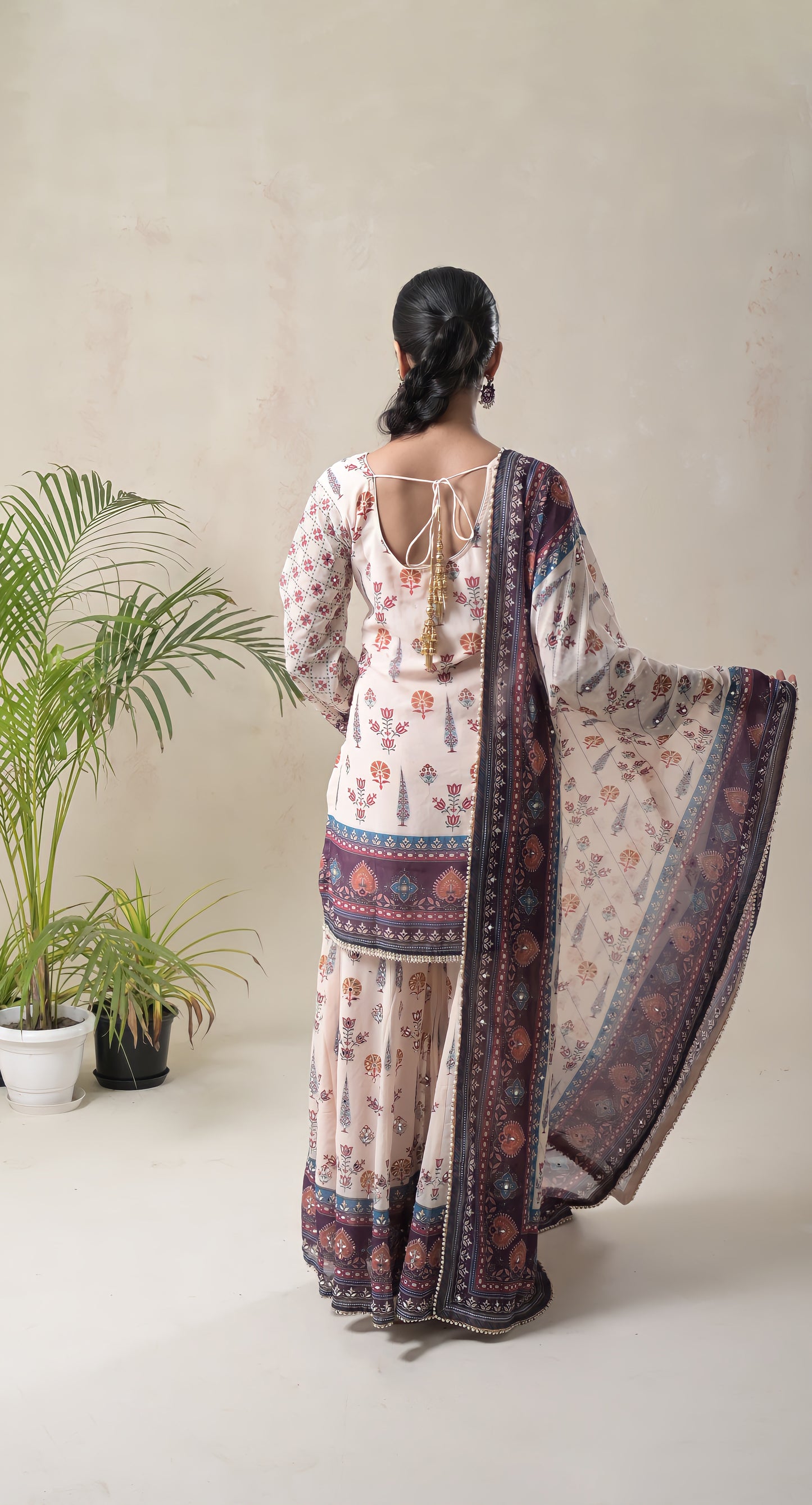 off white, digital print with mughal motifs, highlight embroidery & pearl beads lace, crepe, sharara