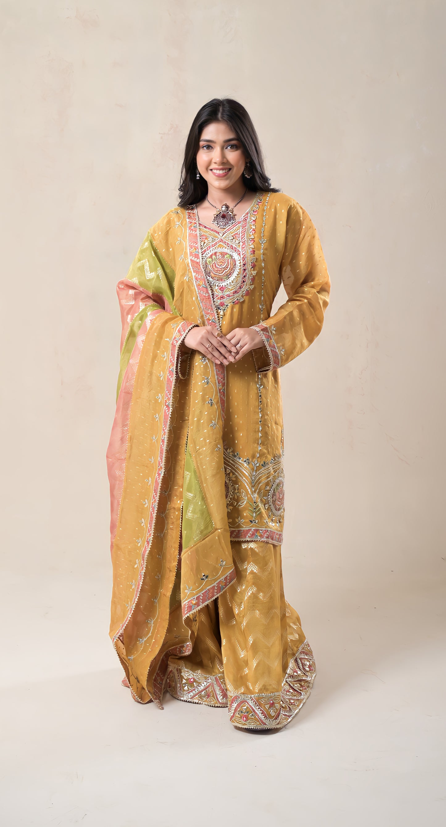 gold, gota patti work, tissue zari, sharara