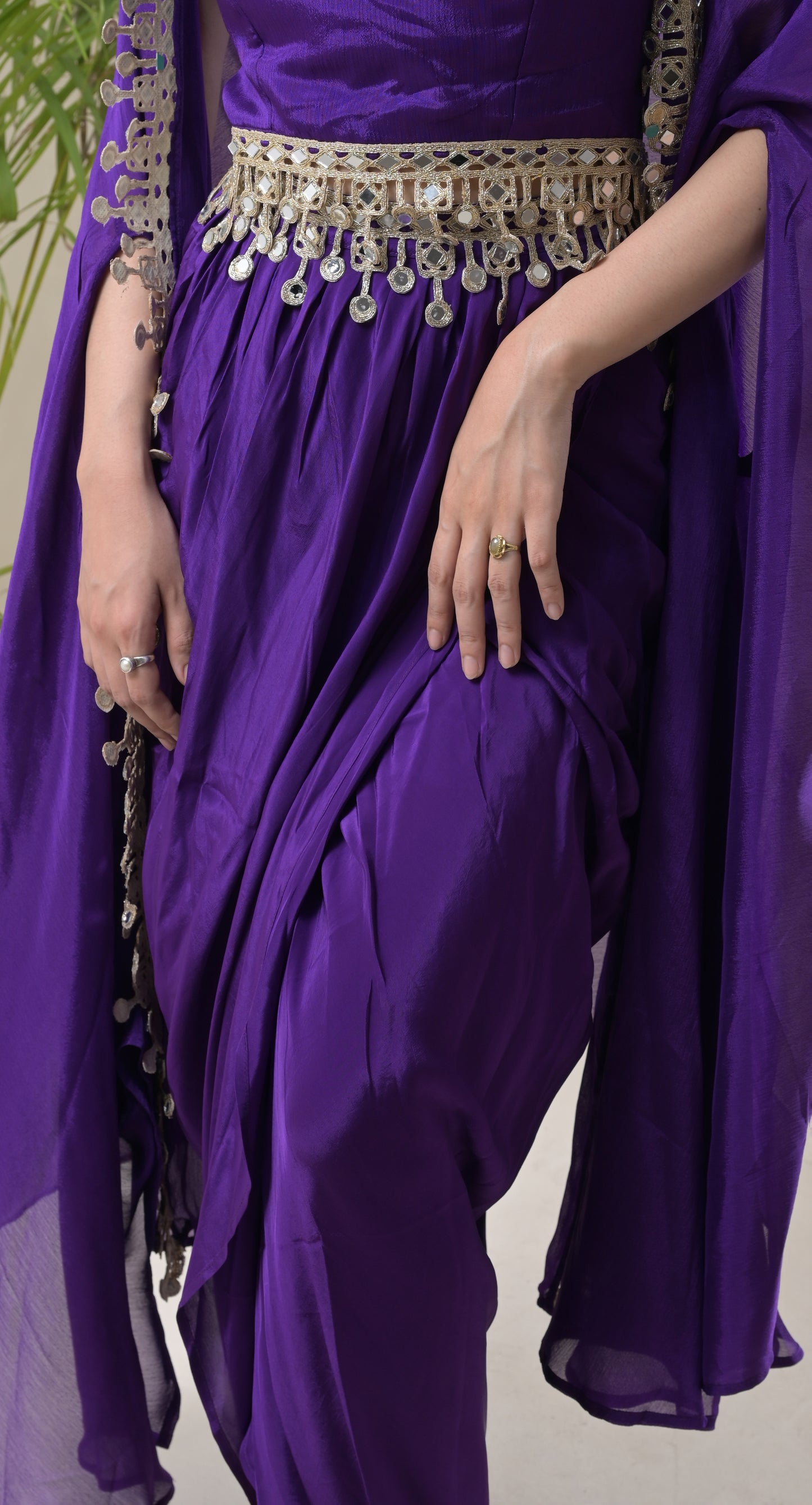 purple, mirror work & gota lace, crepe, dhoti top