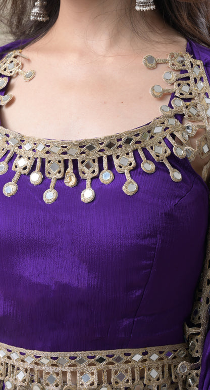 Purple, Mirror Work & Gota Lace, Crepe, Dhoti Top