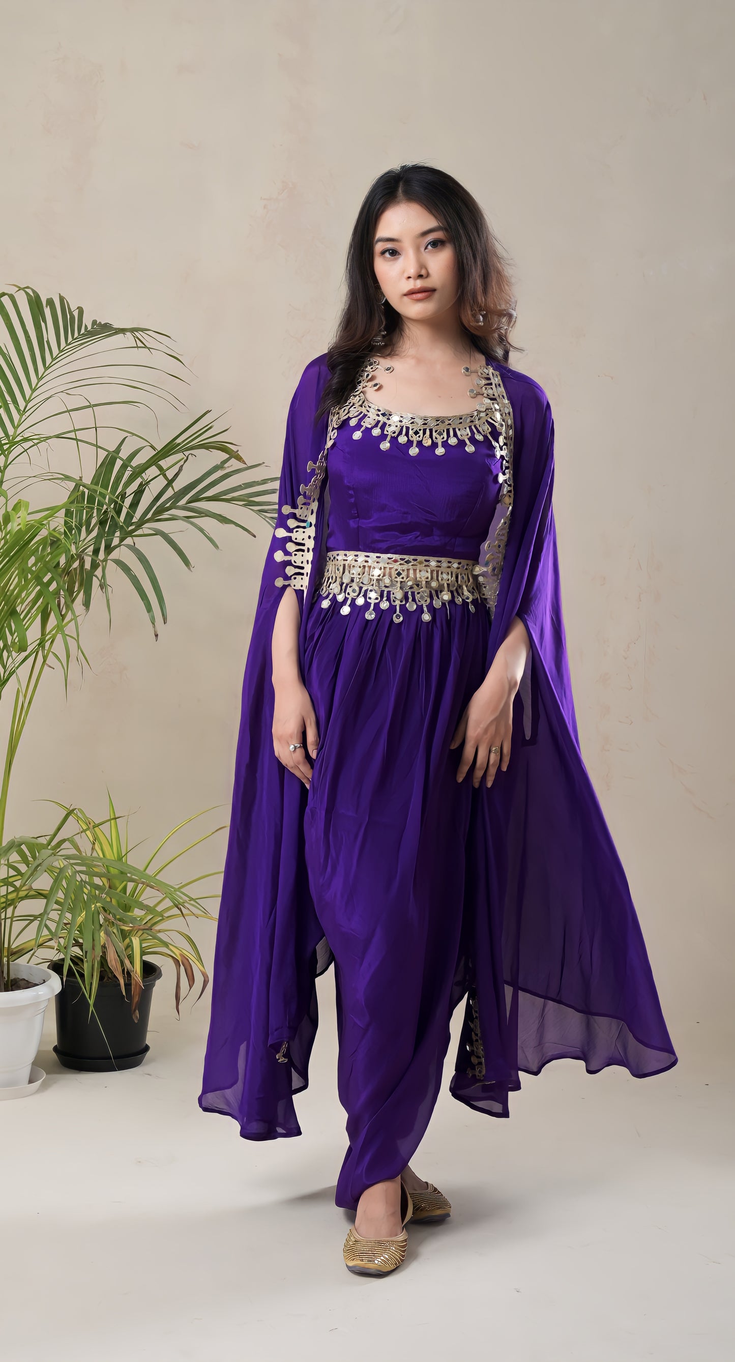 purple, mirror work & gota lace, crepe, dhoti top