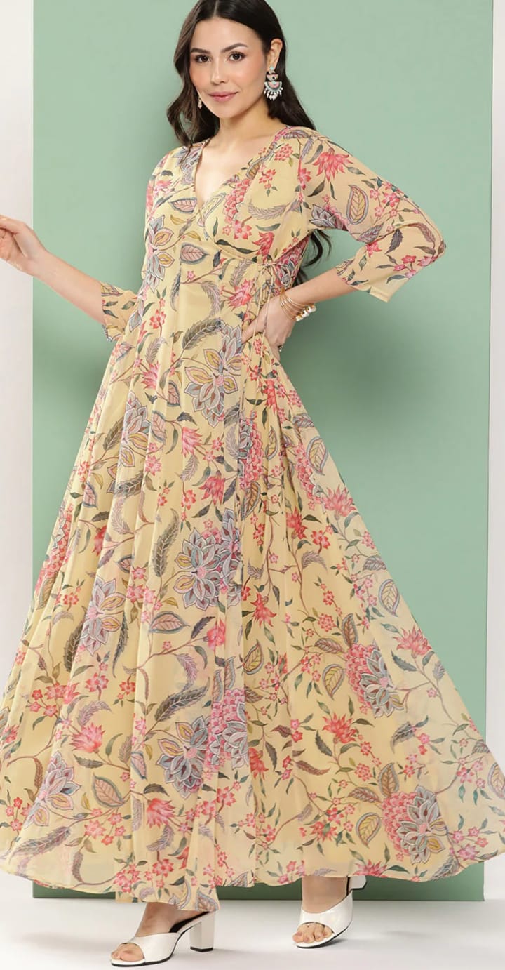 light yellow, floral  printed, angrakha, georgette long dress for summer