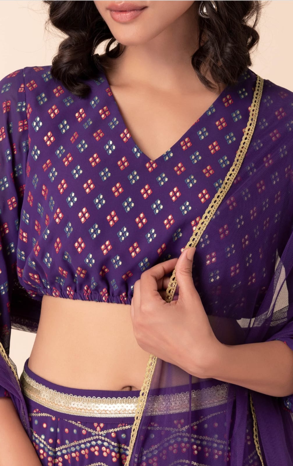 purple, digital print, georgette  skirt top with net dupatta