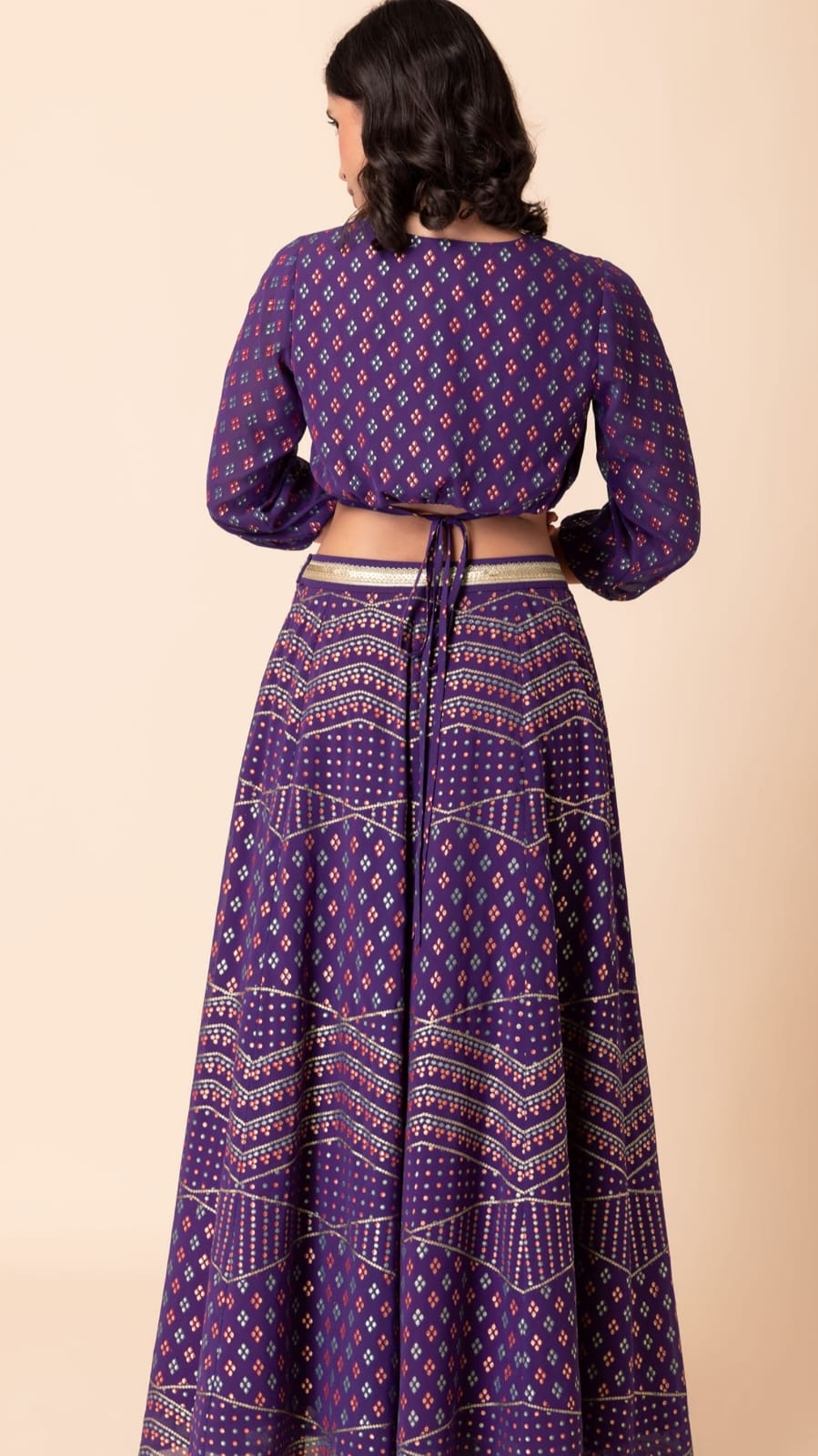 purple, digital print, georgette  skirt top with net dupatta