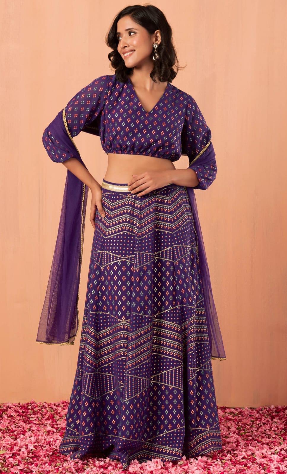 purple, digital print, georgette  skirt top with net dupatta