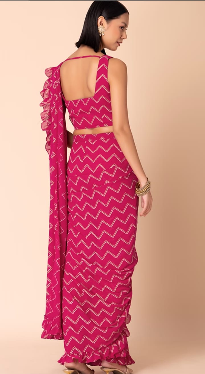 hot pink, digital print, pre stitched, with blouse, ready to wear saree