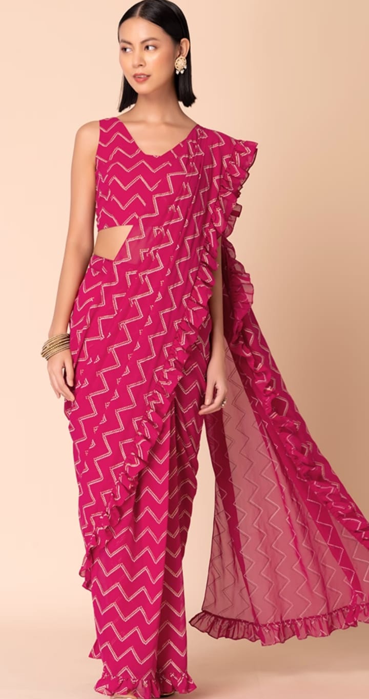 hot pink, digital print, pre stitched, with blouse, ready to wear saree