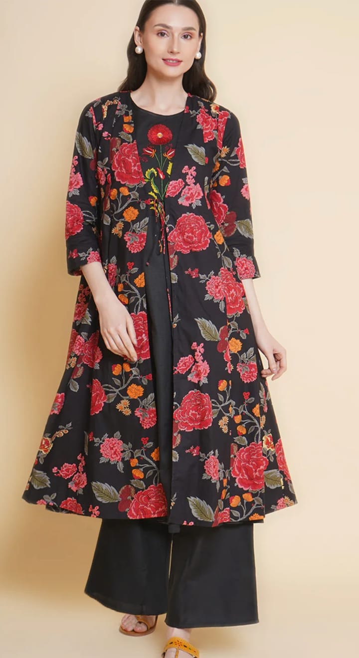 black, floral print jacket, embroidered kurta, cotton, top & palazzo with jacket