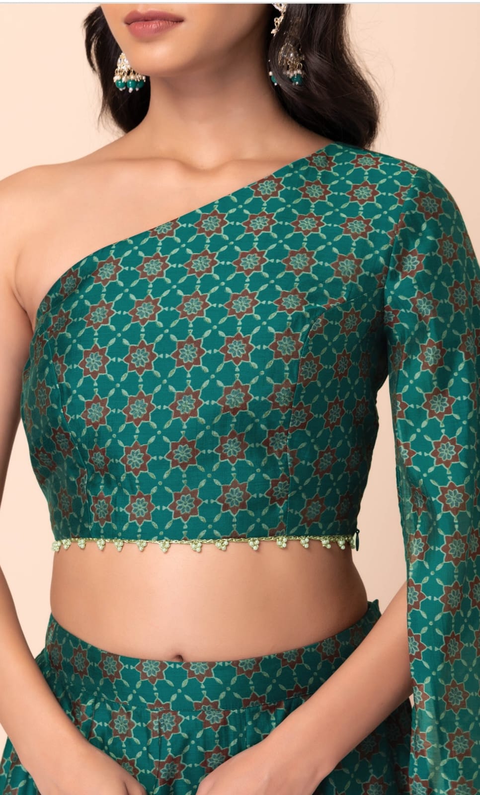 jade green, one shoulder, digital print,  chanderi, skirt top set