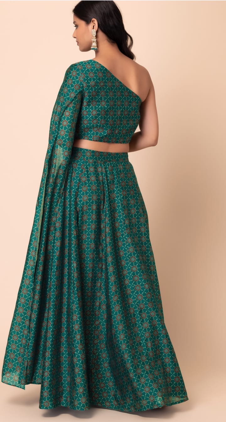 jade green, one shoulder, digital print,  chanderi, skirt top set