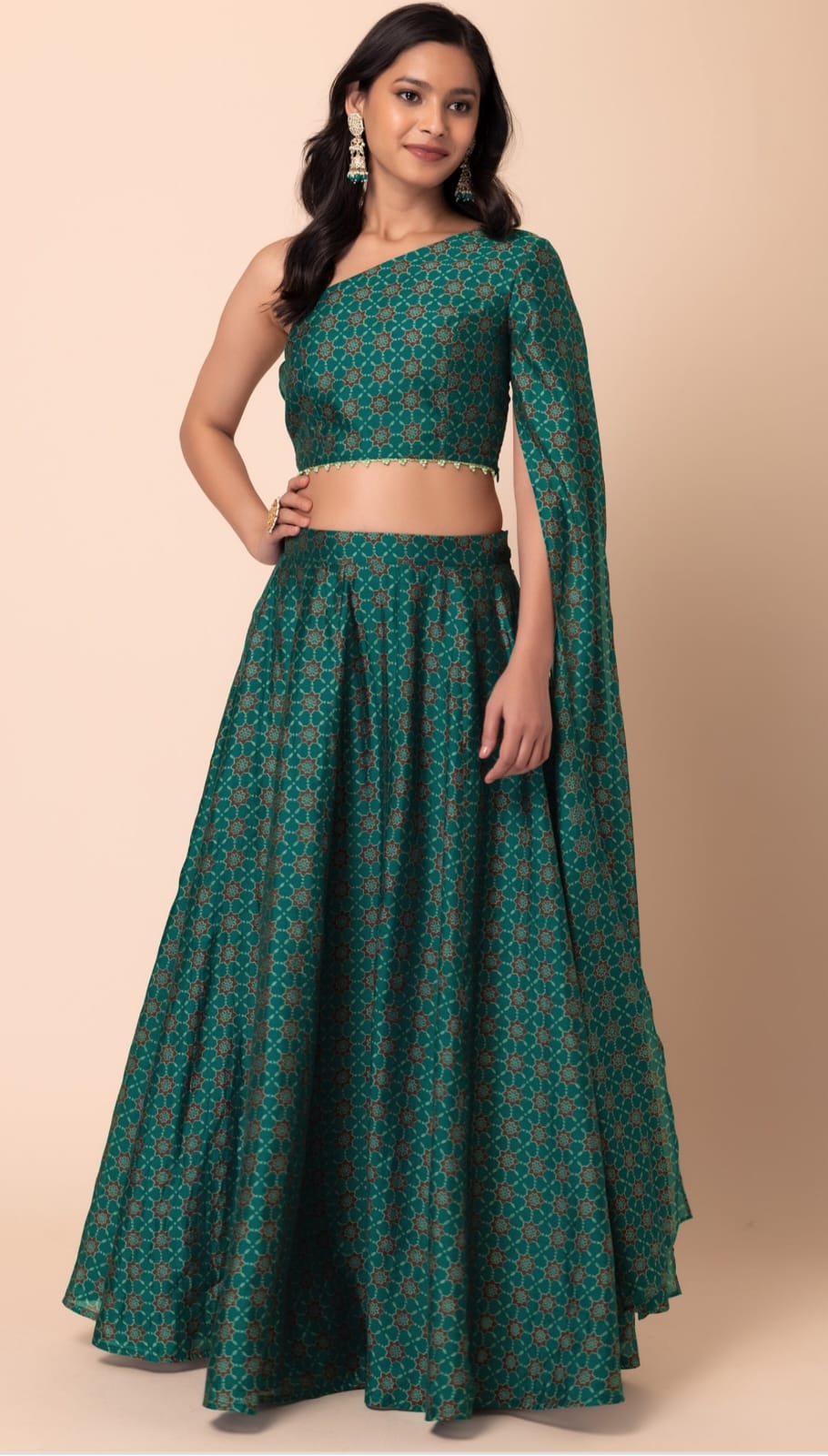 jade green, one shoulder, digital print,  chanderi, skirt top set