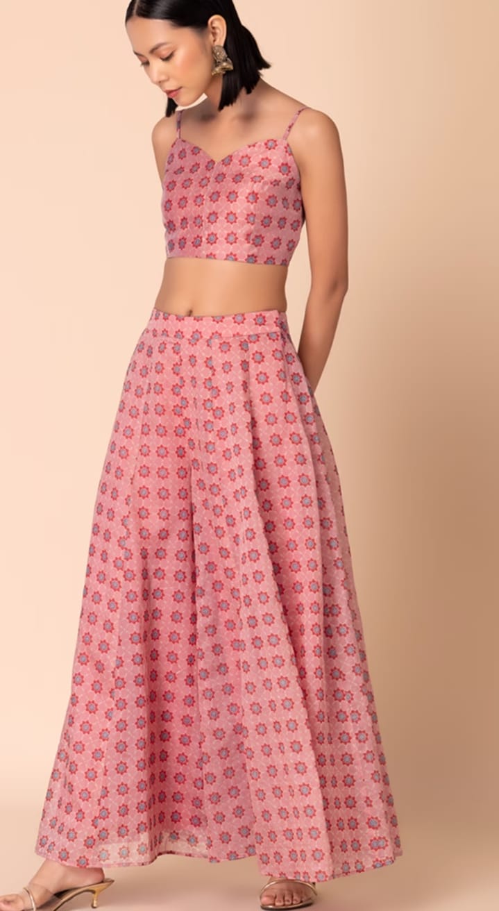 blush pink, floral print, chanderi, crop top & palazzo with cape