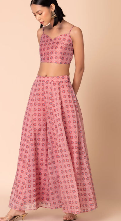 Blush Pink, Floral Print, Chanderi, Crop Top & Palazzo with Cape