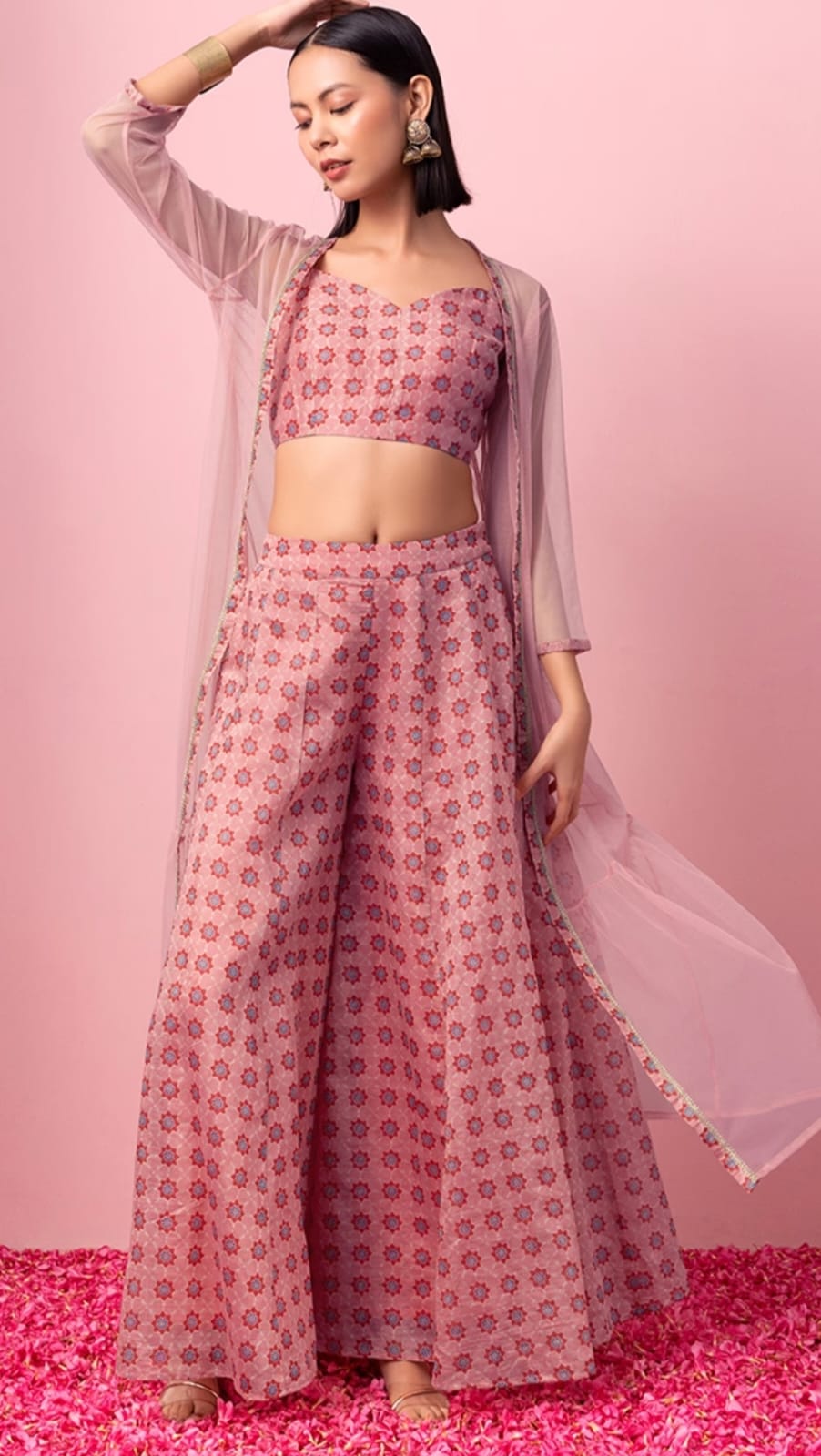 blush pink, floral print, chanderi, crop top & palazzo with cape