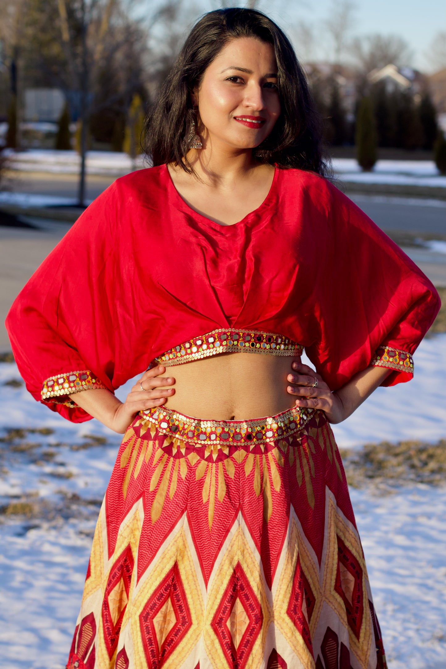 red, digital print, designer, mirror & sequence work on waist, blouse & sleeves, silk, skirt set