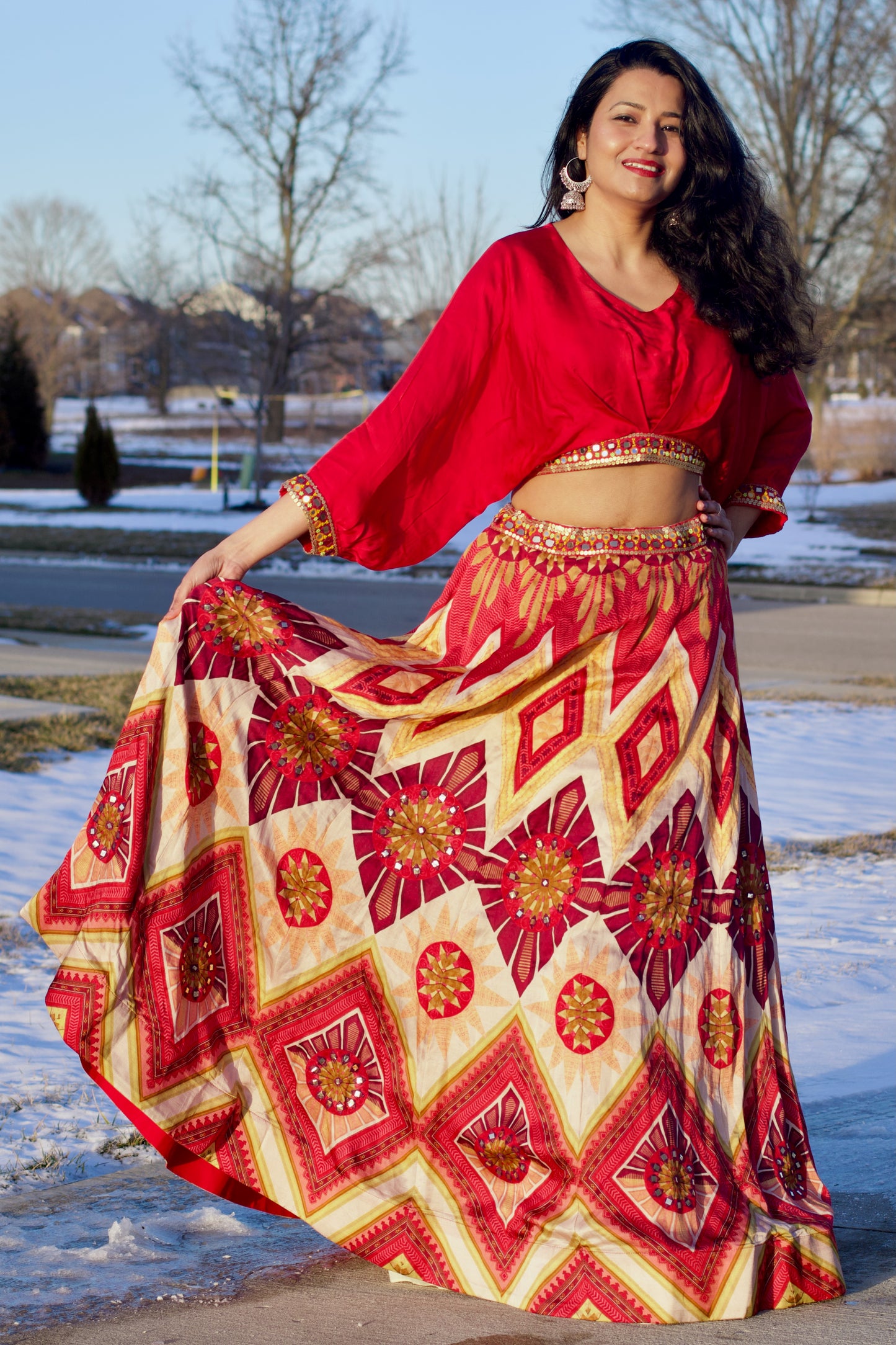 red, digital print, designer, mirror & sequence work on waist, blouse & sleeves, silk, skirt set