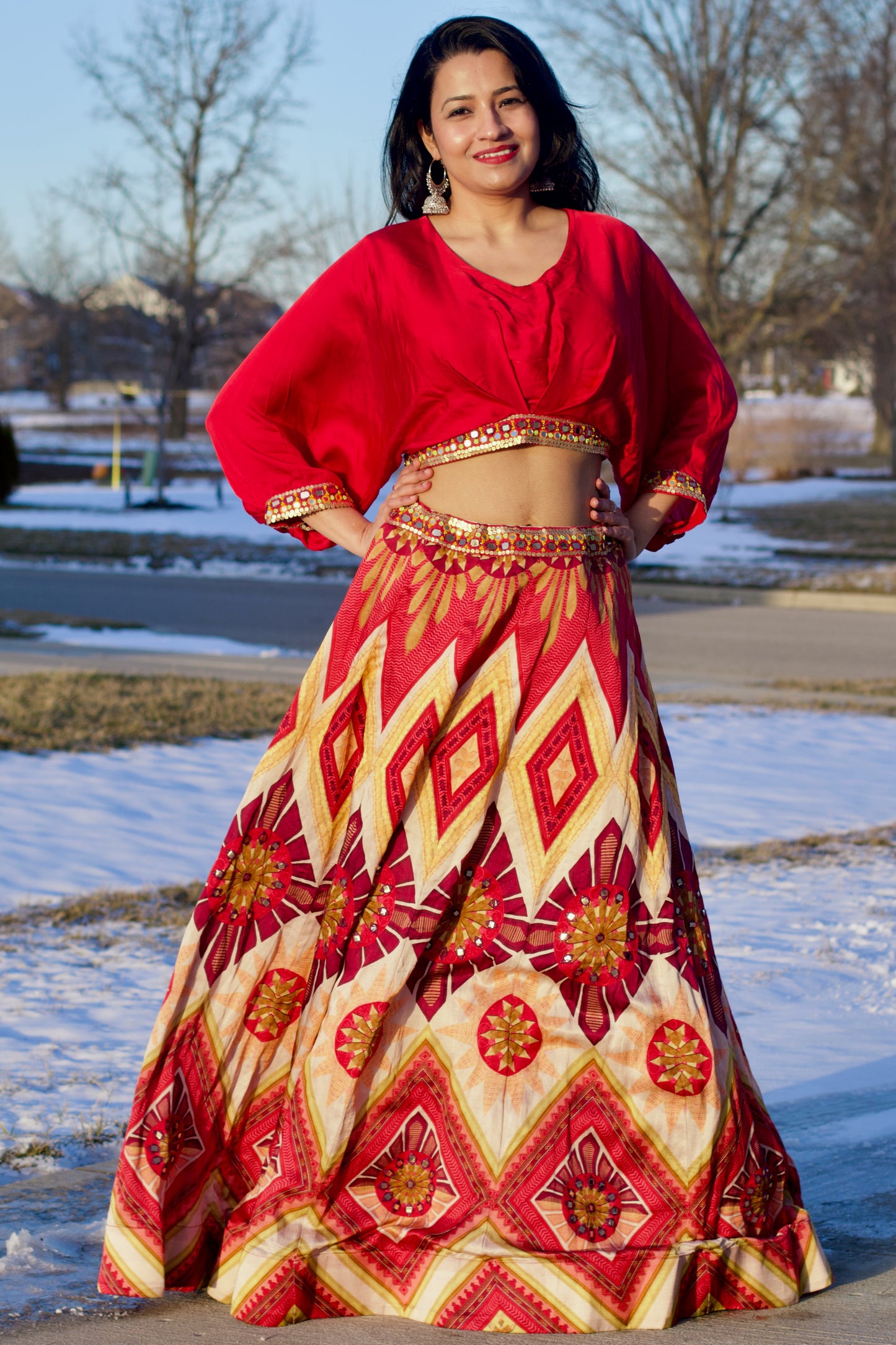 red, digital print, designer, mirror & sequence work on waist, blouse & sleeves, silk, skirt set