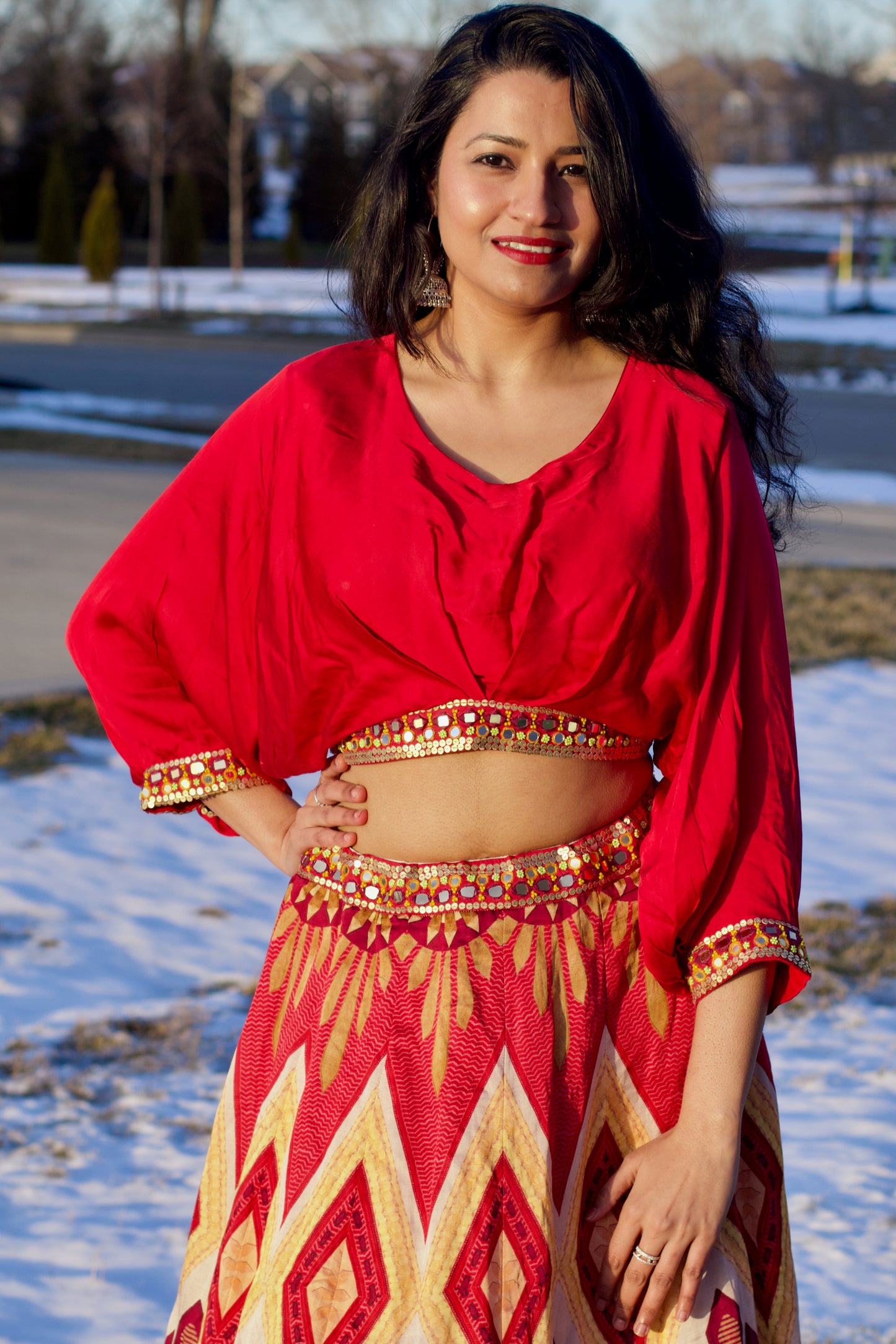 red, digital print, designer, mirror & sequence work on waist, blouse & sleeves, silk, skirt set