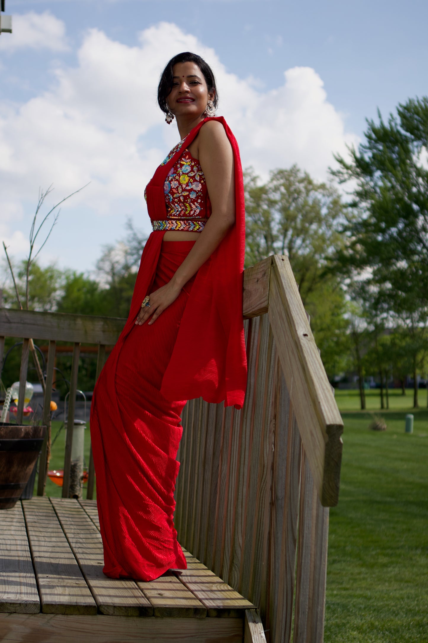 red, floral multicolor sequins hand embroidered blouse, lycra,pre-draped saree