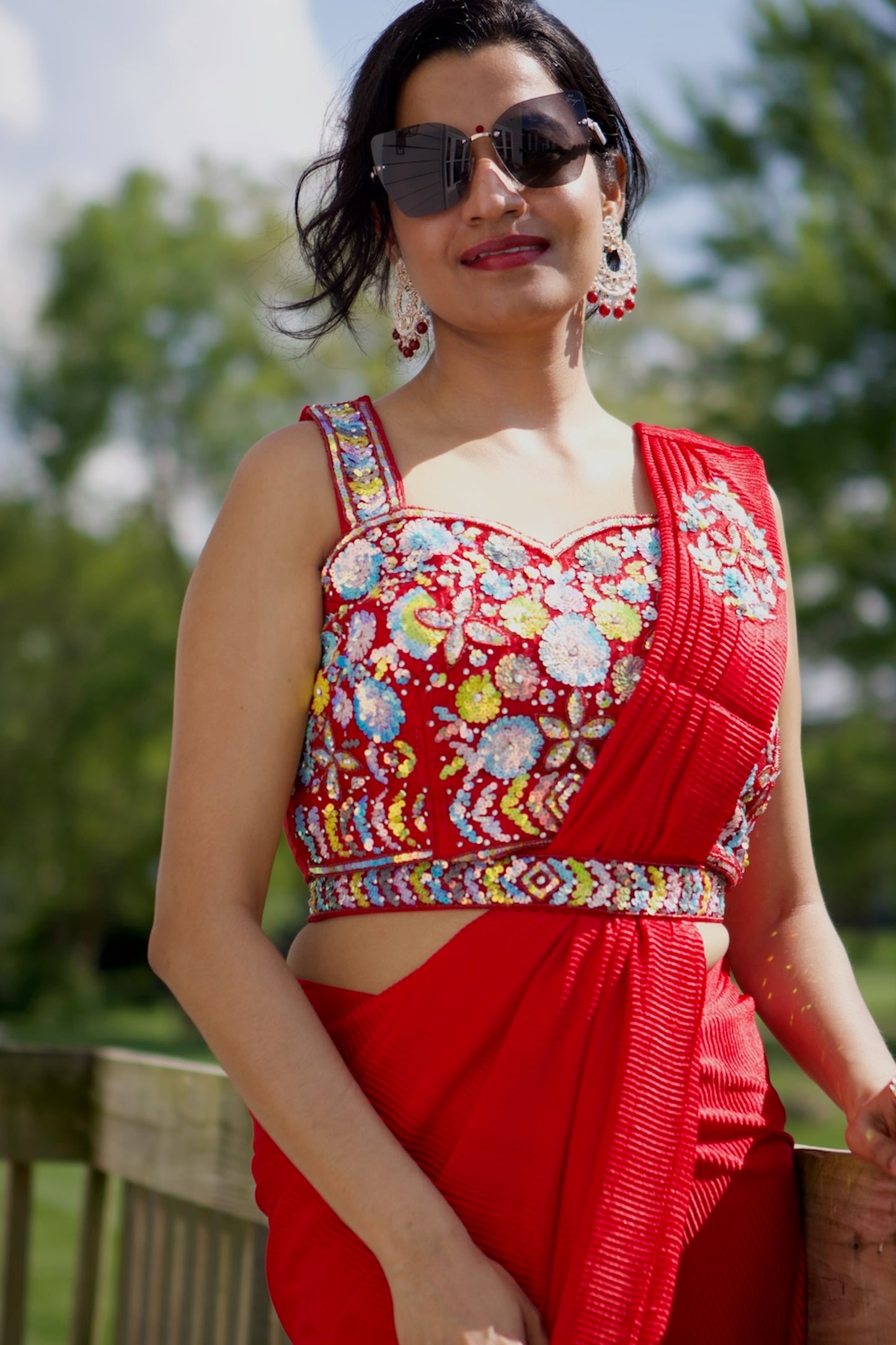 red, floral multicolor sequins hand embroidered blouse, lycra,pre-draped saree