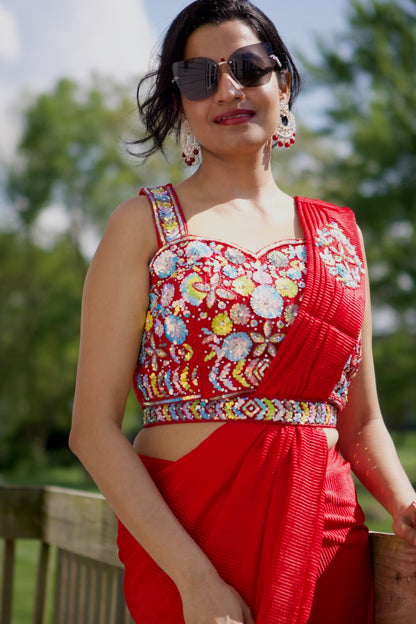 Red, Floral multicolor Sequins Hand Embroidered Blouse, Lycra,Pre-draped saree