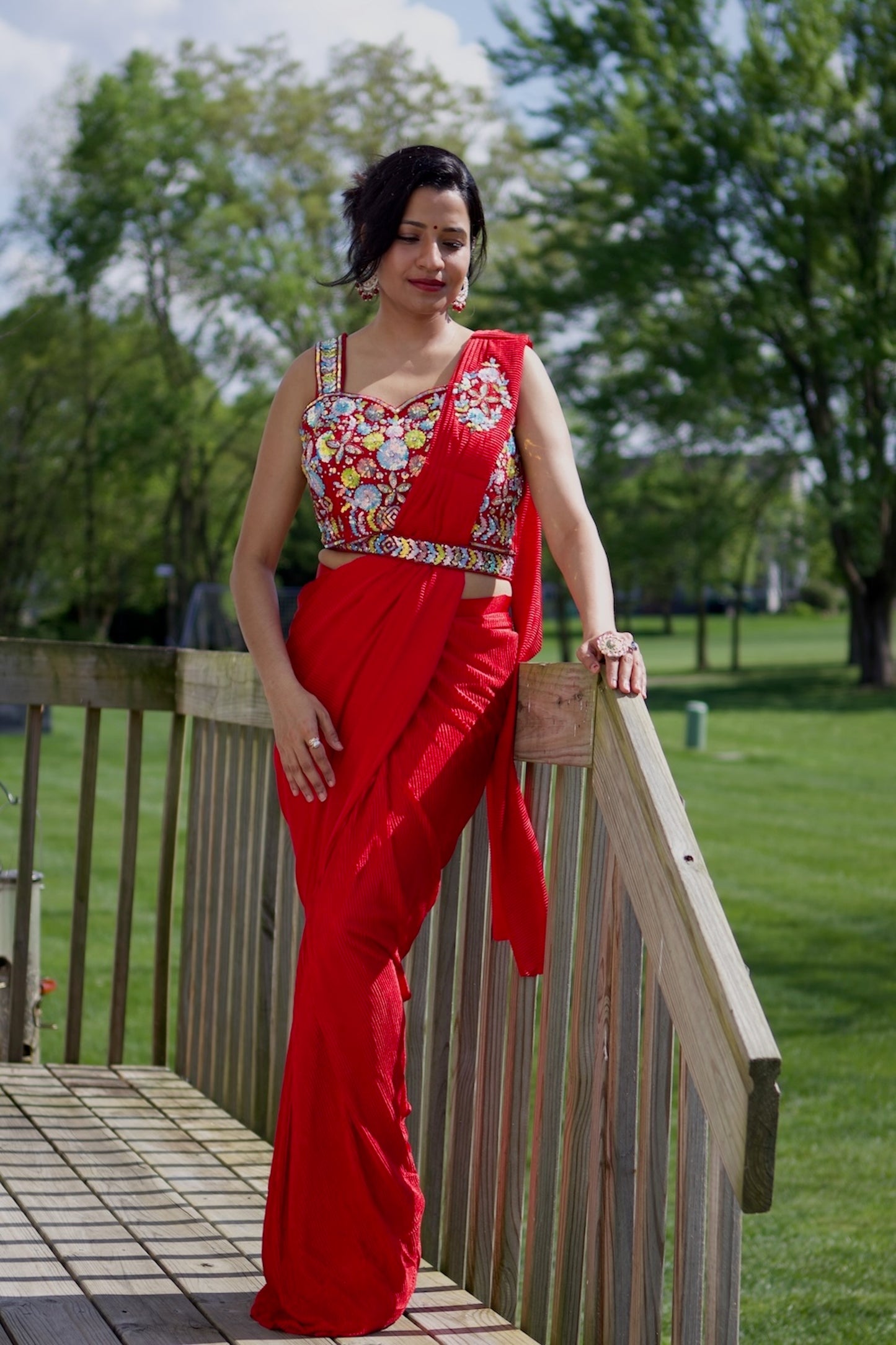 red, floral multicolor sequins hand embroidered blouse, lycra,pre-draped saree