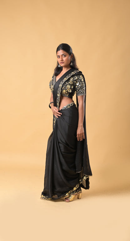 Black Premium Sequins Embroidered Rangoli Silk Saree with Stiched Blouse