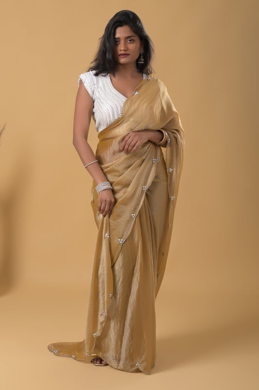 Golden Pearl Embellished Mario Silk Saree with Ready-made Pearl Blouse