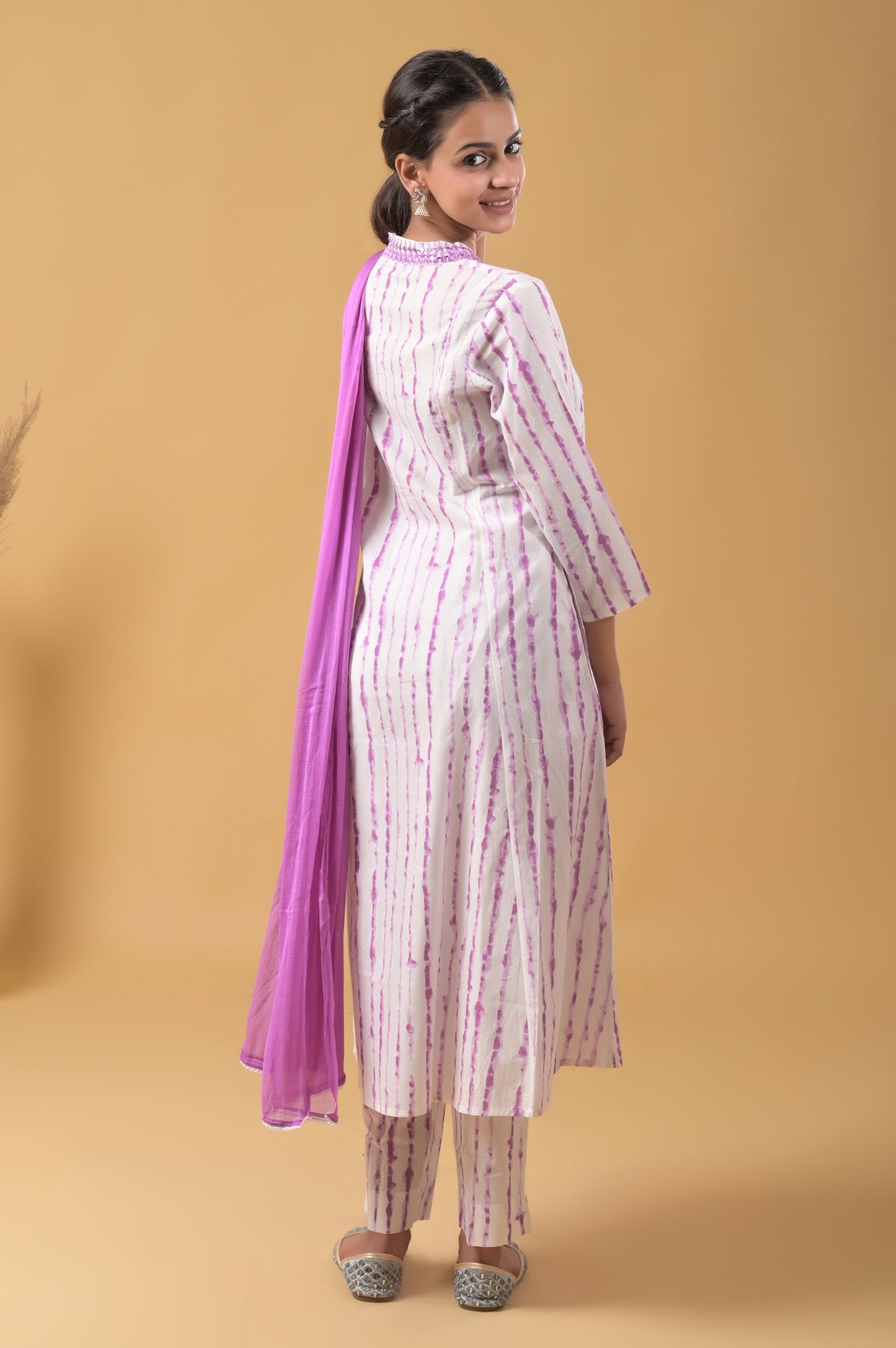 white-purple pure cotton mirror embroidered tie-dye a-line suit with chiffon dupatta