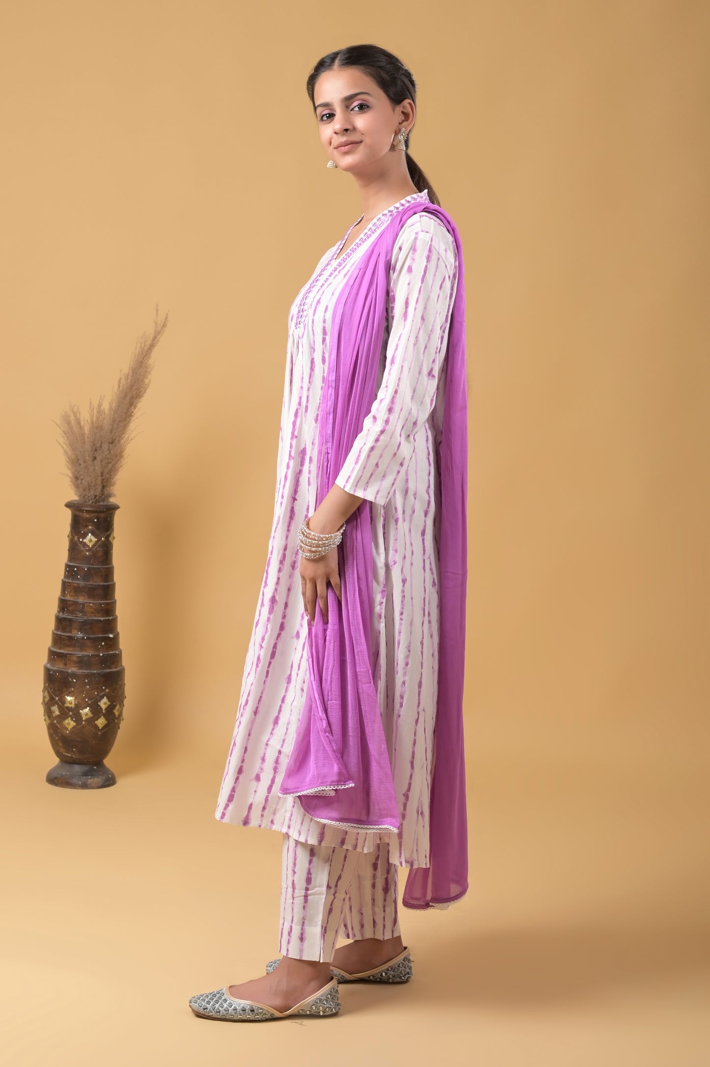 white-purple pure cotton mirror embroidered tie-dye a-line suit with chiffon dupatta