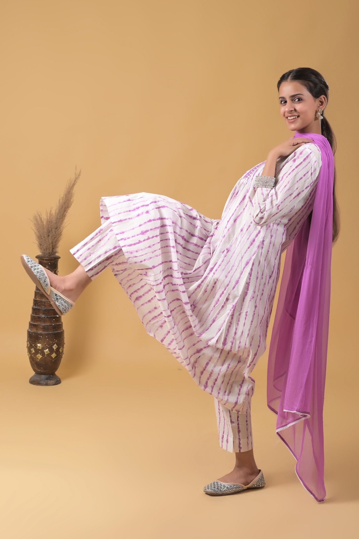 white-purple pure cotton mirror embroidered tie-dye a-line suit with chiffon dupatta