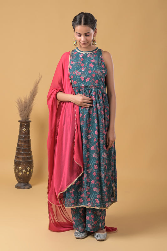 Teal Floral Print Viscose Georgette Palazzo Suit Set with Chiffon Dupatta
