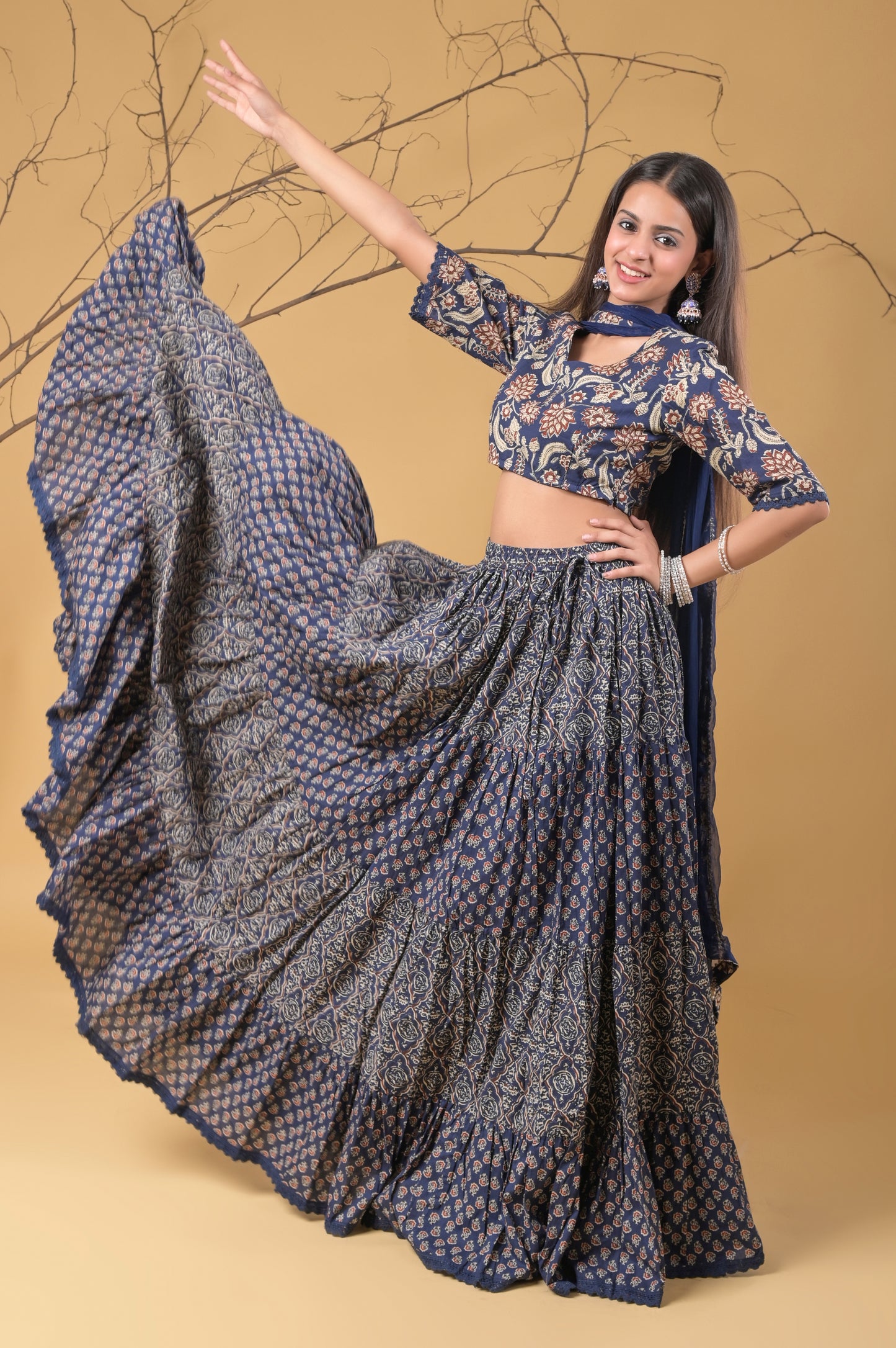 blue pure cotton ajrakh print skirt blouse set with chiffon dupatta