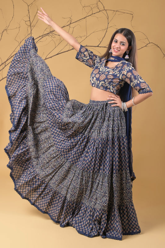 Blue Pure Cotton Ajrakh Print Skirt Blouse Set with Chiffon Dupatta
