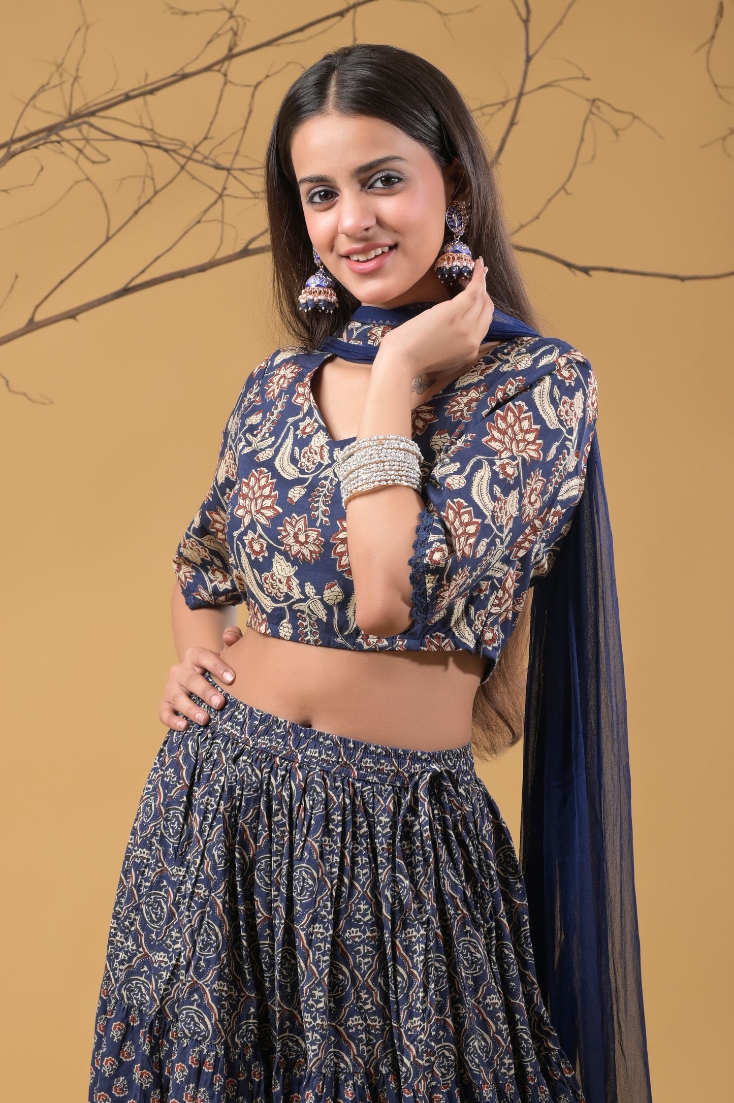 blue pure cotton ajrakh print skirt blouse set with chiffon dupatta