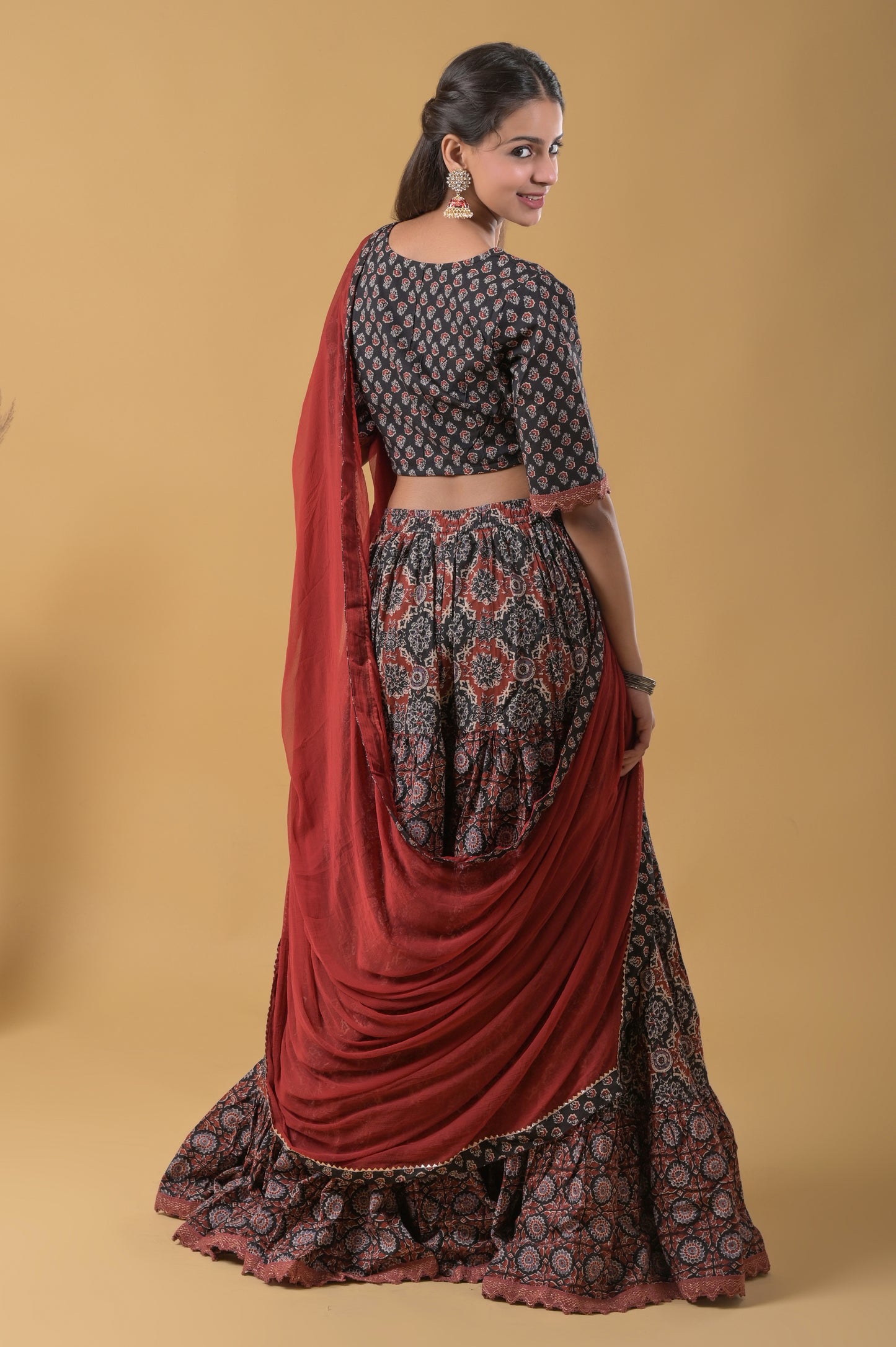 black and maroon pure cotton ajrakh print skirt blouse set with chiffon dupatta