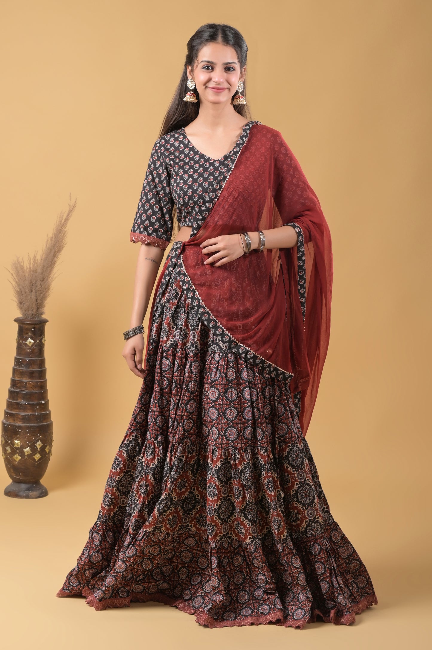 black and maroon pure cotton ajrakh print skirt blouse set with chiffon dupatta