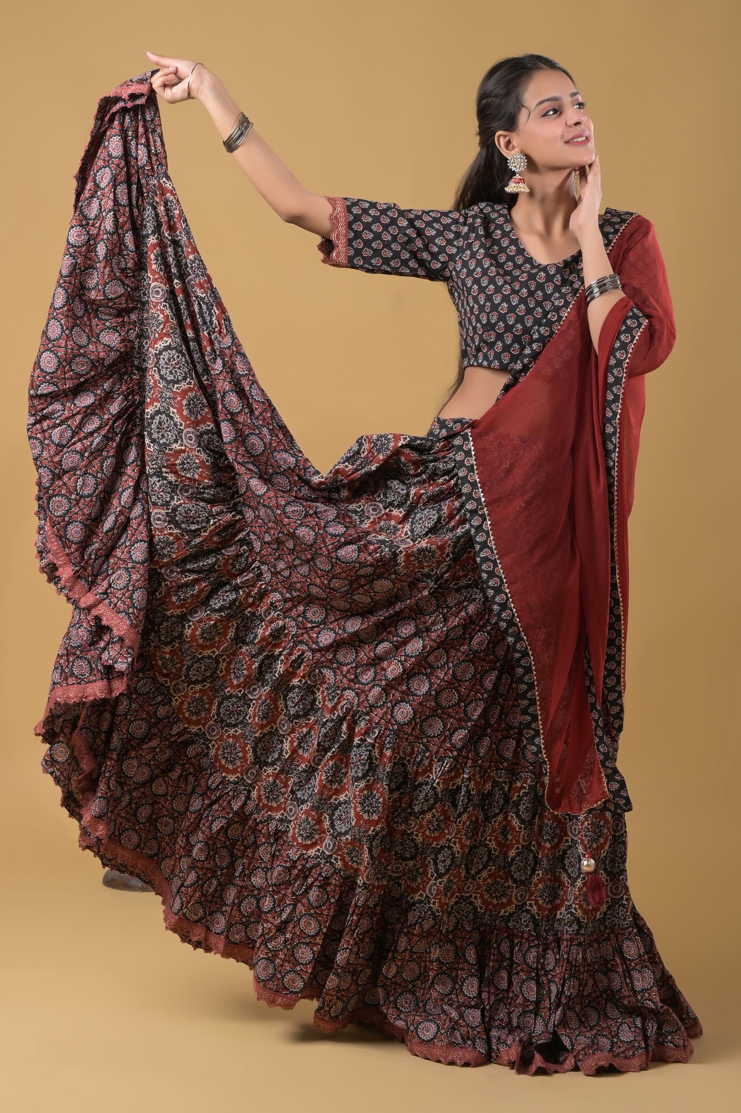 black and maroon pure cotton ajrakh print skirt blouse set with chiffon dupatta