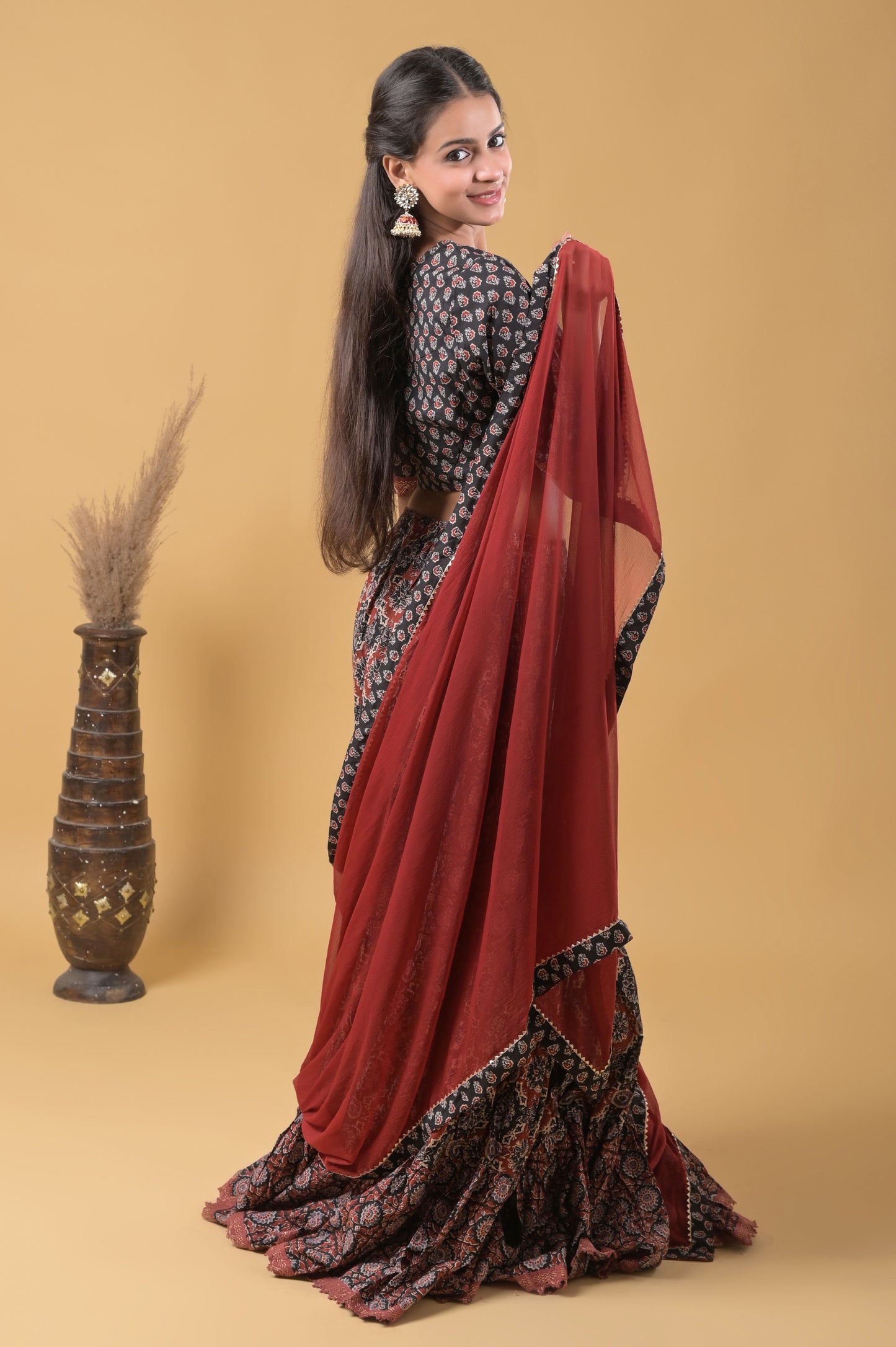 black and maroon pure cotton ajrakh print skirt blouse set with chiffon dupatta