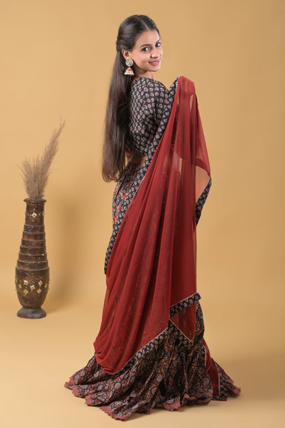Black and Maroon Pure Cotton Ajrakh Print Skirt Blouse Set with Chiffon Dupatta