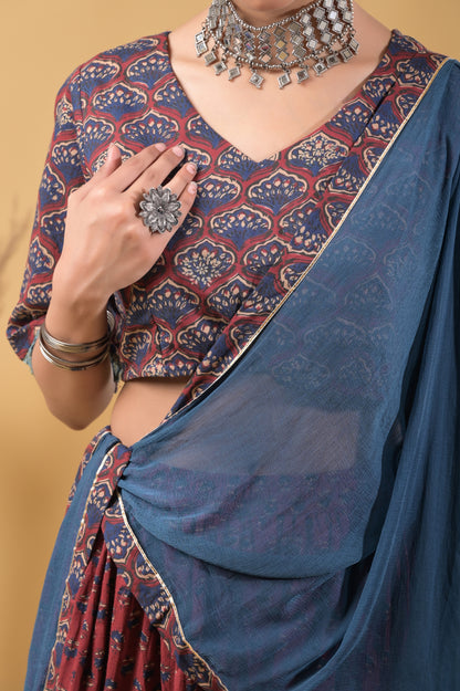 Maroon and Blue Pure Cotton Ajrakh Print Skirt Blouse Set with Chiffon Dupatta