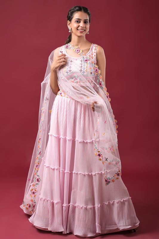 Blush-Pink Embroidered Georgette Lehnga Set with Net Dupatta For Teenage Girls