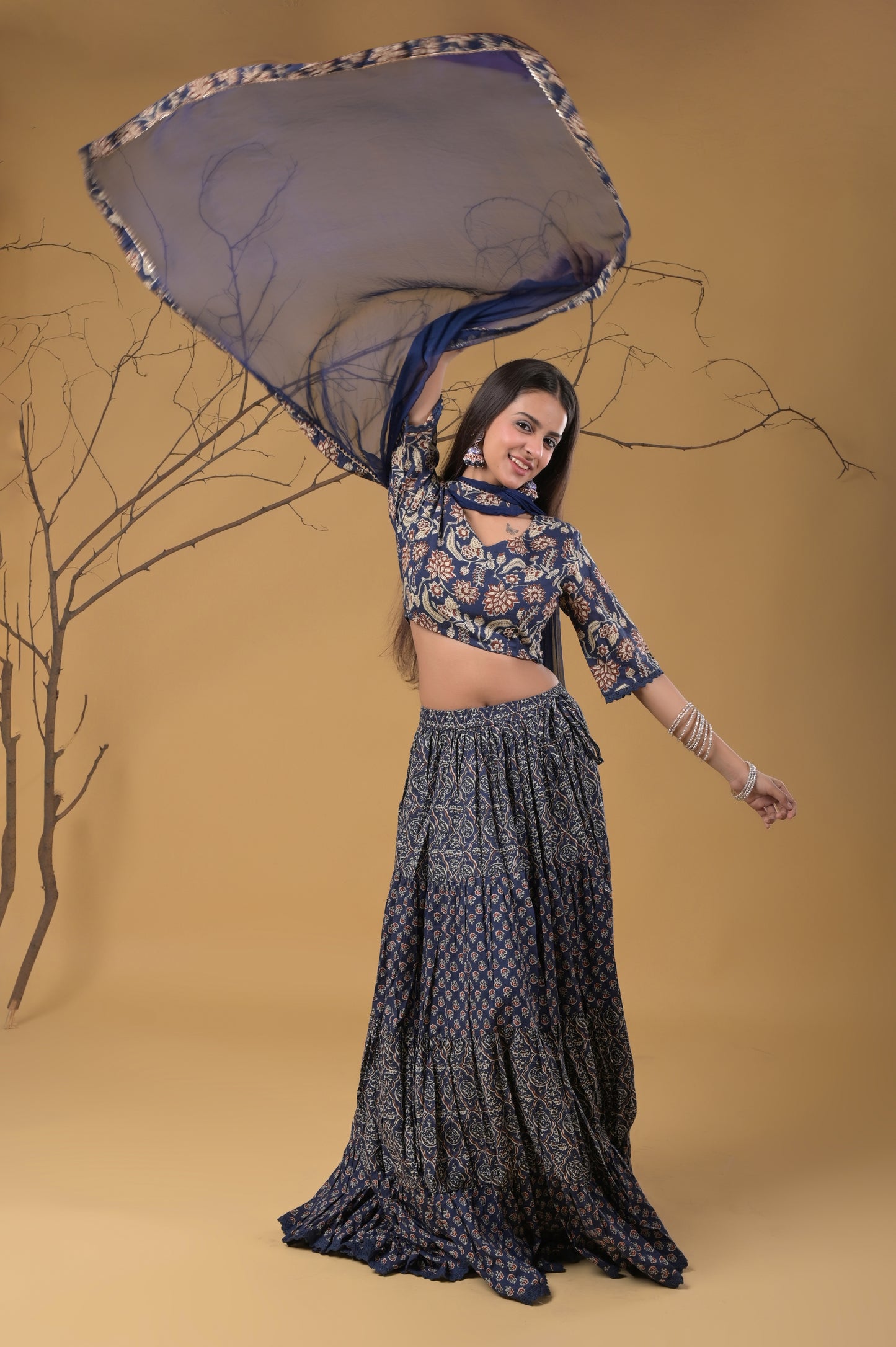 blue pure cotton ajrakh print skirt blouse set with chiffon dupatta