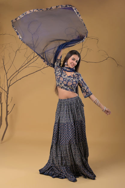 Blue Pure Cotton Ajrakh Print Skirt Blouse Set with Chiffon Dupatta