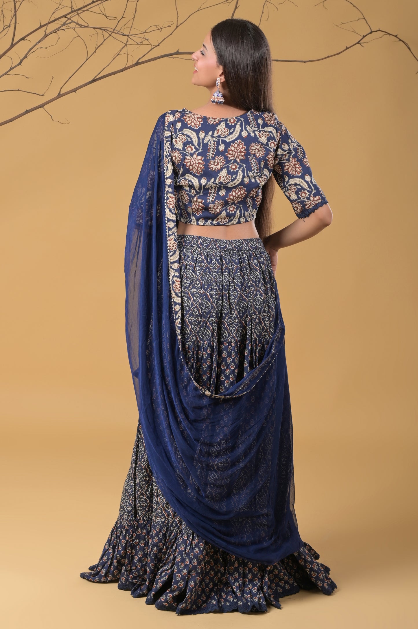 blue pure cotton ajrakh print skirt blouse set with chiffon dupatta