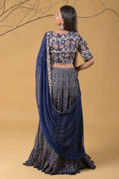 Blue Pure Cotton Ajrakh Print Skirt Blouse Set with Chiffon Dupatta