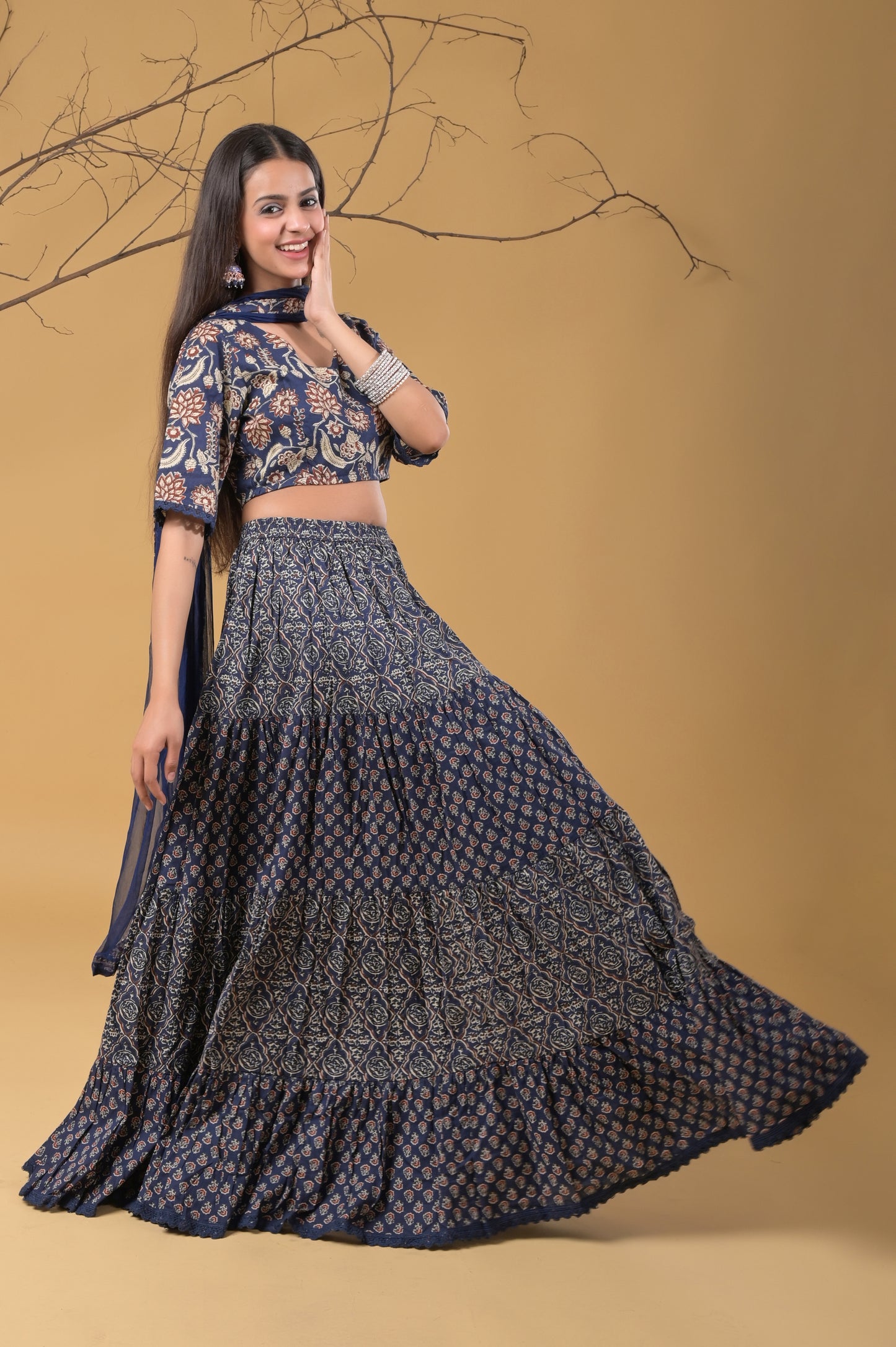 blue pure cotton ajrakh print skirt blouse set with chiffon dupatta